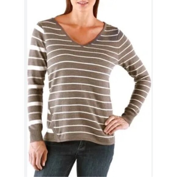 Smartwool Striped Gray and Cream Merino Wool Long Sleeved Sweater M - Picture 1 of 6